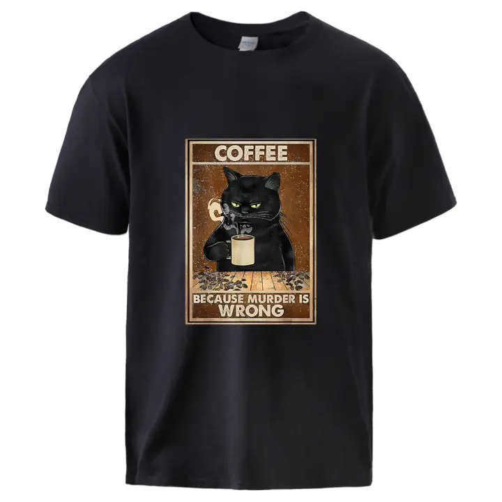 Camiseta de algodón para hombre, camisa básica, transpirable, con estampado de gato negro, bebida de café, Estilo Vintage, a la moda - 1