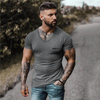 New Men Slim V-neck Print Short Sleeve T-shirt Outdoor Fitness Casual Hip Hop Fashion Summer Cotton T Shirt Workout Muscle Tops - details 7