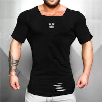 Men Gym Fitness Slim Fit Shirt Summer Absorb Sweat Breathable Cotton Short Sleeve T-Shirt Casual Fashion Square Collar Hole Tops - details 2