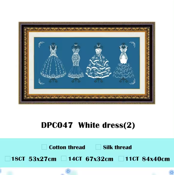 Kit de punto de cruz para vestido blanco (2), diseño de patrón simple de un solo color, costura artesanal, bordado de tela vaquera azul, 18CT, 14ct, 11CT - 1