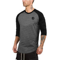 Gym T-shirt Men 0-Neck Three Quarter Sleeves Cotton Tshirt Slim Fit Shirt Male Fitness Bodybuilding Workout Color Contrast Tops - details 5
