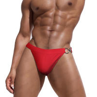 Jessborn pantalones cortos de natación de media cadera para hombre, bañador sexy de un solo lado con botón de metal, color sólido, Playa - details 9
