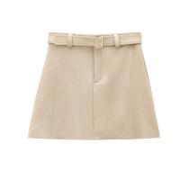 Elegant Women With Belt Faux Suede Mini Skirt Female Office Wear High Waist A-line Skirts faldas mujer - details 11