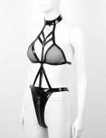 Body de malla de cuero de látex de PU con vendaje negro, lencería Sexy para mujer, peluches exóticos, Catsuit con cremallera en la entrepierna, disfraces de talla grande 2XL - details 7