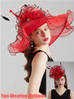 Sombreros Derby elegantes de Organza para mujer, gorro de ala ancha para novia, boda, flor grande, iglesia, sombrilla, 2024 - details 4