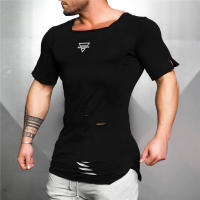 Summer Casual Cotton Breathable Slim T shirt Gym Fitness T-shirt New Fashion Hip Hop Short Sleeves Square Collar Hole Clothing - details 3
