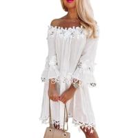 Vestido de Verano 2023 con Aplicación de Flor Hueca Hombros Descubiertos, Manga de Trompeta, Vestido Midi para Mujeres - details 5