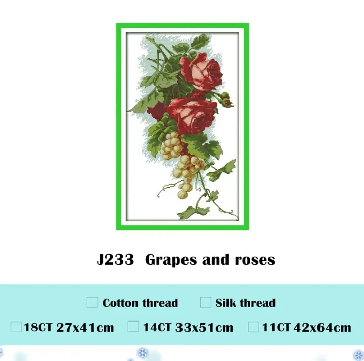 Kit de punto de cruz de uvas y rosas, bordado de flores de algodón, seda Aida, 18ct, 14ct, 11ct, hecho a mano - 1