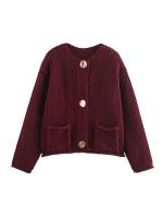 Women Wine Red Chunky-knit Cardigan Long Sleeve O Neck With Pockets Sweater  Outerwear Female Autumn Winter Crop Coat - details 0