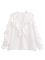 Nuevo 2025 mujeres Sexy Semi-transparente camisa con volantes blancos botón frontal manga larga cuello en V blusa de primavera Casual Streetwear Tops - details 0