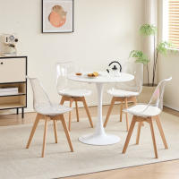 Un juego de 4 sillas de comedor modernas transparentes con patas de madera de haya tapizadas en cuero para sala de estar, cocina, oficina y salón. - details 8