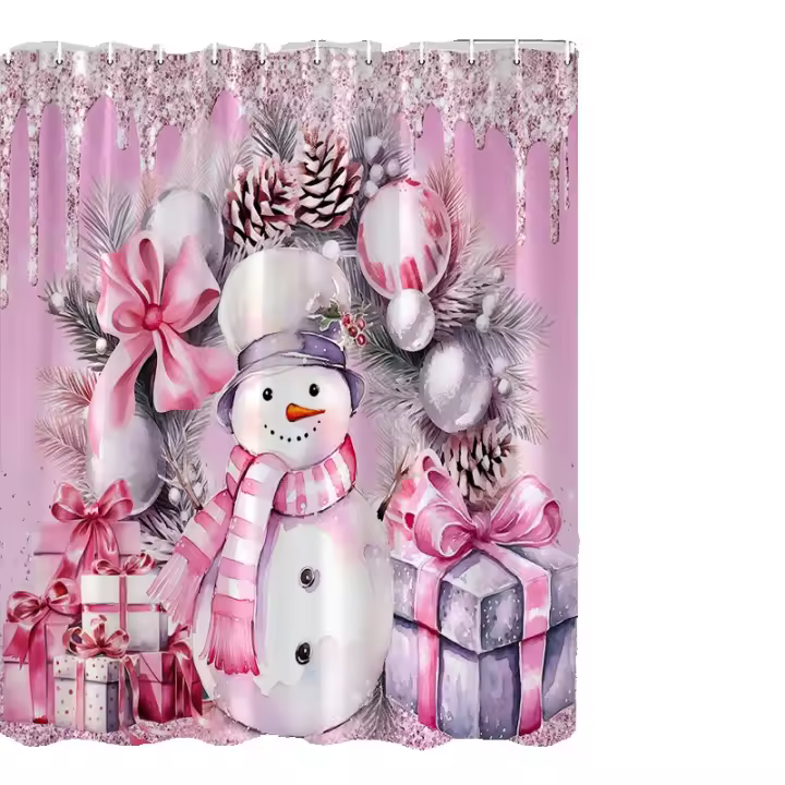 Cortinas de ducha de muñeco de nieve de Navidad rosa, bosque de invierno, obra de arte con acuarela, decoración de cortina de baño para el hogar de Año Nuevo de Navidad con ganchos - 1
