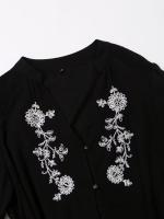 Vintage Women Front Button With Belt Floral Embroidery Short Dress Long Sleeve V Neck Autumn Casual Dress Black - details 2
