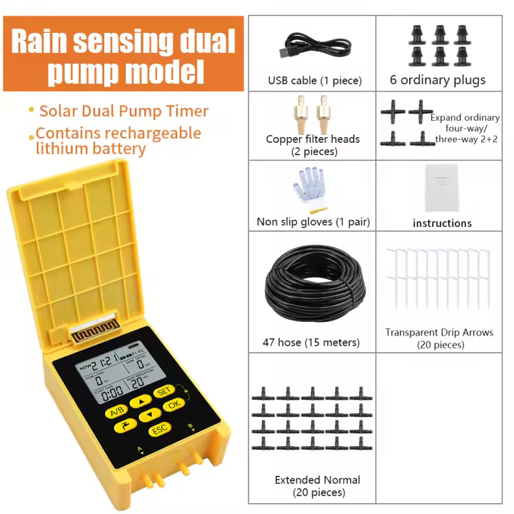 Dispositivo de riego automático de flores solares, sistema de controlador de riego con doble bomba, temporizador de agua con detección de lluvia para césped y jardín - 1