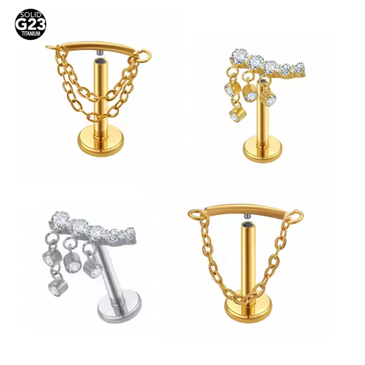 Pendiente de Cadena de Titanio G23 con Borla Bar Stud Piercing en Cartílago Tragus Monroe de Starbeauty Material Metálico Hecho en China Piedra Principal Zirconia Cúbica - 1