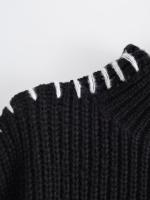 Women Casual Half High Collar Long Sleeve Knitted Pullovers Autumn Winter Patchwork Sweaters Black Loose Jumper - details 3