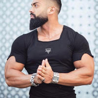 Summer Casual Cotton Breathable Slim T shirt Gym Fitness T-shirt New Fashion Hip Hop Short Sleeves Square Collar Hole Clothing - details 12