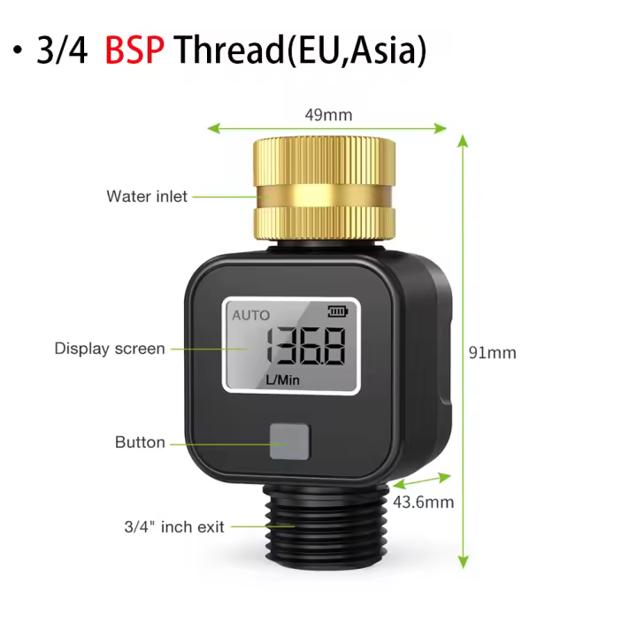 Medidor de flujo de agua a prueba de agua, válvula de agua de riego LCD, medidor de flujo de 3/4 pulgadas, manguera de grifo, prueba de consumo de agua para exteriores - 1