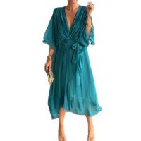 Vestido de mujer Vestido midi plisado con cuello en V elegante - details 1