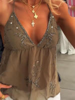 Top de Halter con Cuentas y Lentejuelas Sexy Escote en V, Espalda Abierta, Cordón, Vestido de Moda para Mujeres - details 2
