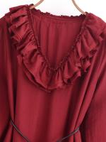 Spring 2025 Women Layered Ruffle V Neck A-line Midi Dress Long Sleeve With Belt Elegant Lady Dresses Burgundy Vestidos - details 4
