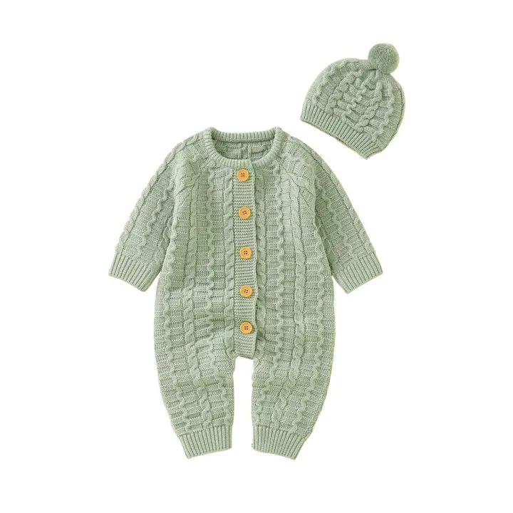 Ropa de punto para bebé recién nacido, Pelele de manga larga, Gorro con pompón, ropa de otoño e invierno, 0 a 24 meses - 1