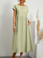 Elegante Vestido Maxi de Verano Manga Corta, Cuello O, Estilo Harajuku Vintage, Vestido Largo de Lino y Algodón con Bolsillos Y2K - details 6