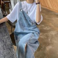 Vestido midi para estudiantes, elegante vestido con tirantes de mezclilla y correas ajustables, bolsillos laterales, dobladillo dividido, elegante, sin cuello para estudiantes - details 4