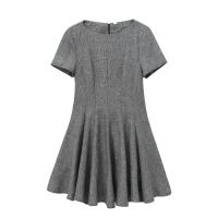 Gray Wide Swing Short Dress For Women O Neck Short Sleeve Pleated Mini Dress Female Autumn Casual Vestidos - details 0