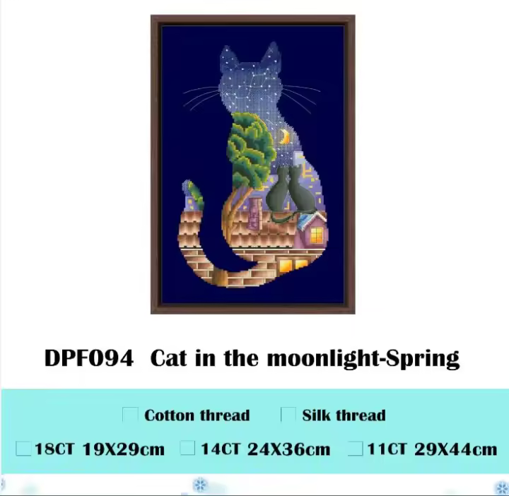 Kit de punto de cruz Cat in the moonlight-Spring, tejido azul profundo, bordado de algodón, pared hecha a mano, imagen grande, 14ct, 11ct - 1