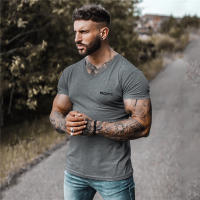 New Men Slim V-neck Print Short Sleeve T-shirt Outdoor Fitness Casual Hip Hop Fashion Summer Cotton T Shirt Workout Muscle Tops - details 6