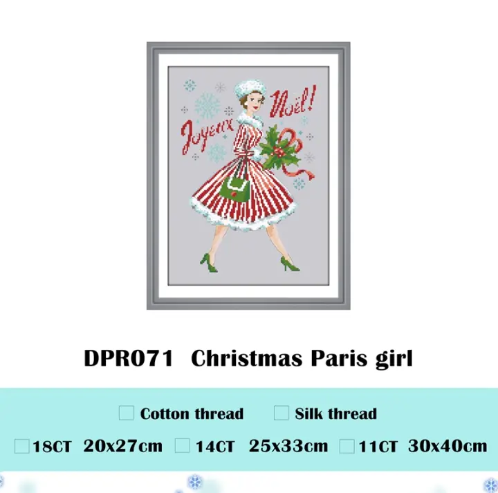 Kit de punto de cruz de niña de París de Navidad, tela de lona plateada de 18ct, 14ct, 11ct, hilo de algodón bordado, bricolaje, decoración del hogar hecha a mano - 1