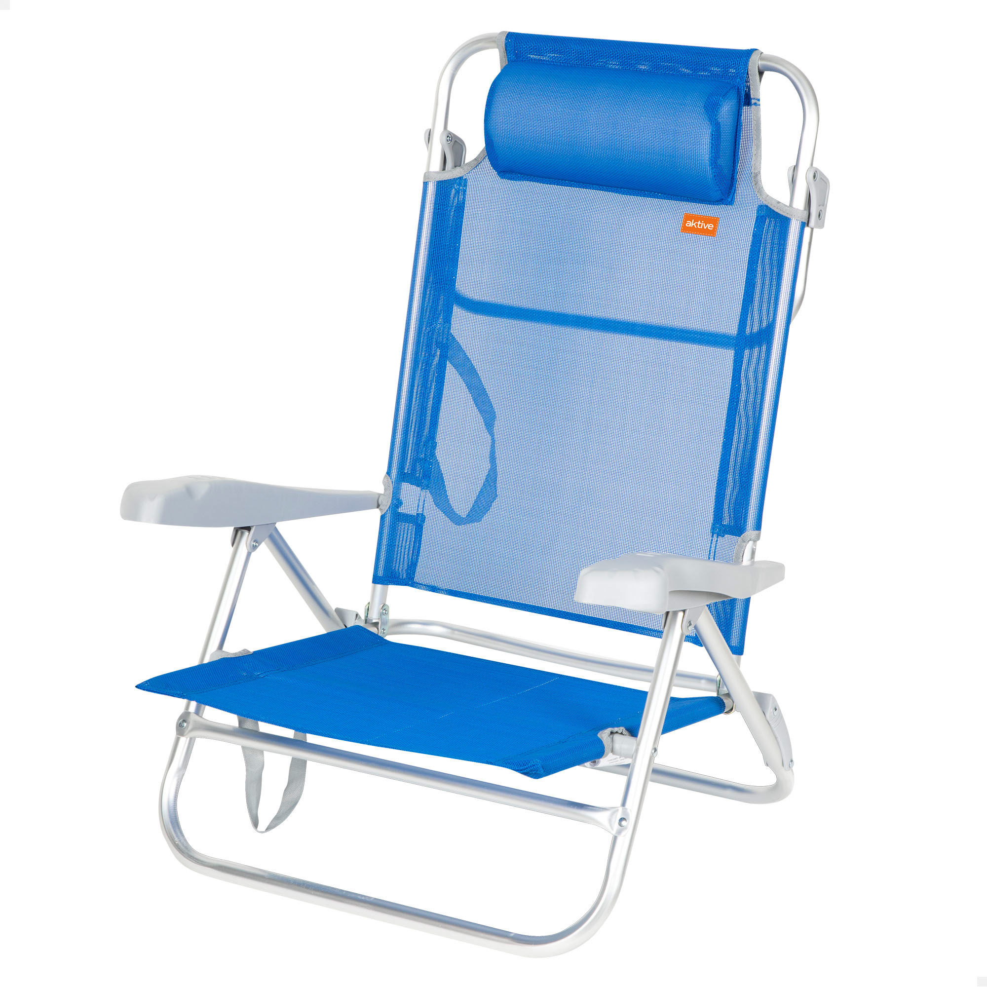 Aktive - Silla de playa plegable, 47x49x82 cm, respaldo 8 posiciones, aluminio y textileno, asiento bajo, incluye cojín acolchado, sin tubo delantero, asa de transporte, silla reclinable de playa, multiposición, silla playa plegable ligera