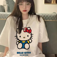 Camiseta De Algodón Kawaii Hello Kitty Para Niños Y Mujeres Estilo Y2K Coreano Manga Corta Cuello Redondo Oversized Para El Verano Moda Para Parejas - details 3