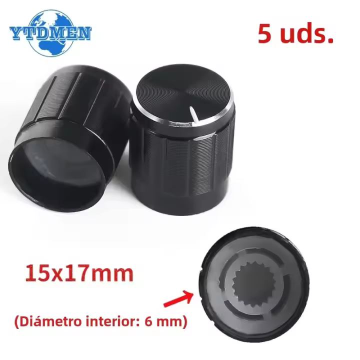 5PCS Perilla De Potenciómetro Negra Control De Volumen Rotativo Con Eje Rayado De 6mm Cúpula De Aleación De Aluminio WH148 15x17mm - 1