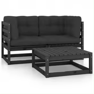 VIDAXL 3076303 juego de muebles de jardín de 3 piezas de madera pino maciza color negro y cojines gris antracita vida xl - 1
