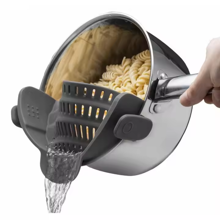 Colador de silicona con clip, escurridor resistente al calor para verduras y fideos de pasta, utensilios de cocina para tazones, ollas y sartenes - gris - 1