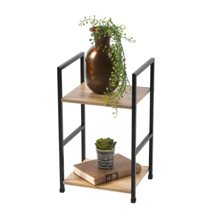 STARLEY-Mesa auxiliar Metal y Madera,mesita de noche con estantes de almacenamiento, mesa auxiliar industrial de 2 niveles, mesa de café, para sala de estar, dormitorio, estudio, 2 NIVELES 29X23,5X48CM - 1