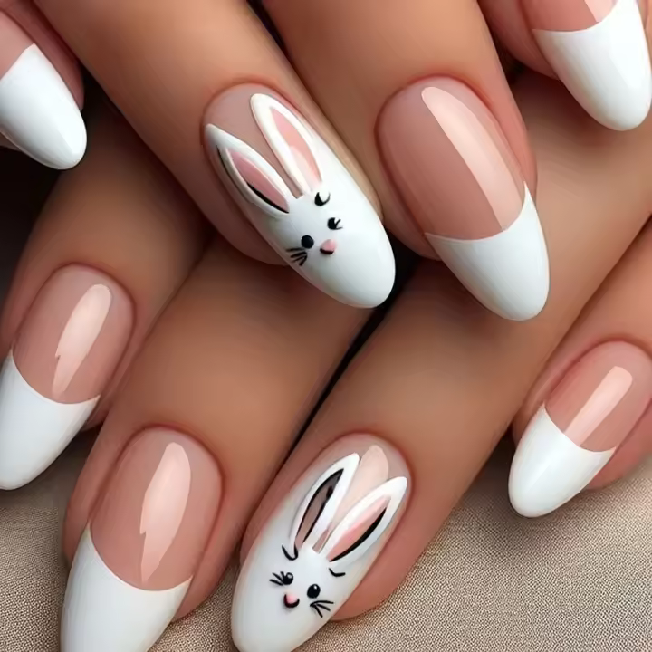 24 Piezas De Arte De Uñas En Forma De Almendra Con Diseño De Uñas Postizas De Presión Que Colocan Un Conejito Suave Y Lindo En Tus Dedos - 1