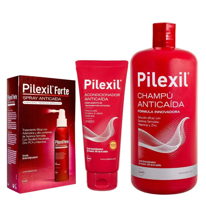 PILEXIL - Pack Anticaída, Champú Anticaída 900 ml + Acondicionador Anticaída 200 ml + Spray Anticaída Forte 120 ml, Tratamiento de Uso Frecuente, Frena Caída de Cabello y Lo Fortalece, para Hombres y Mujeres - 1