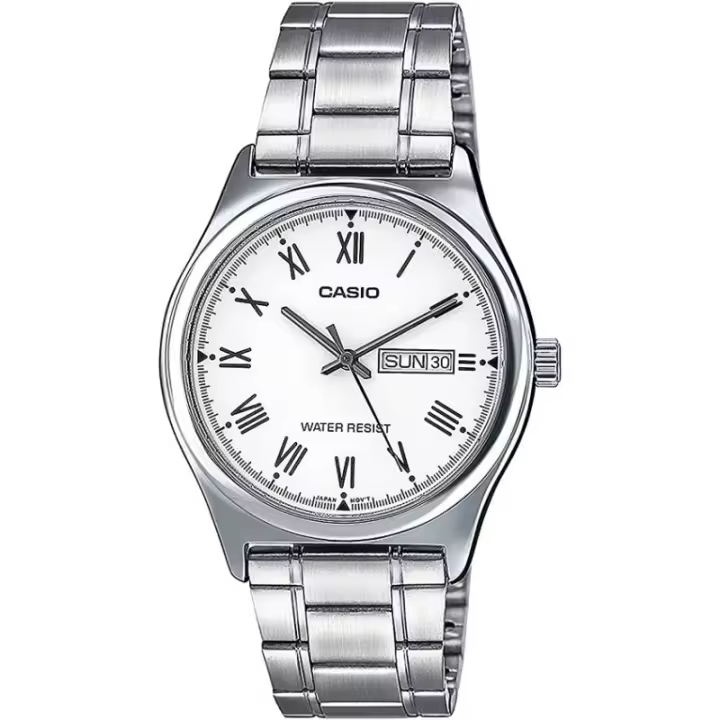 Reloj Casio caballero MTP-V006D-7B correa metálica plateada esfera blanca con calendario MTPV006D7B - 1