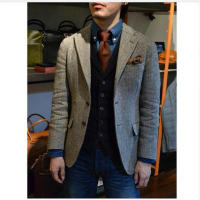 Chaleco De Lana Herringbone Para Hombre Corte Slim Casuál Chaqueta De Lujo Diseñadora Conjunto De Traje Un Piezas - details 4