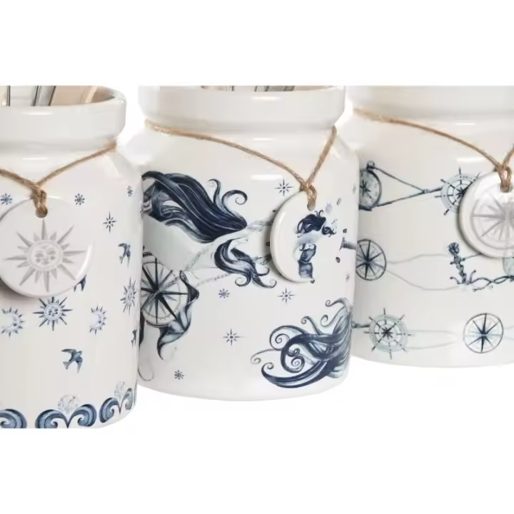 DKD Home Decor - Bote para Utensilios de Cocina DKD Home Decor Azul Metal Blanco Dolomita Madera MDF 12 x 12 x 25 cm (3 Unidades - 1