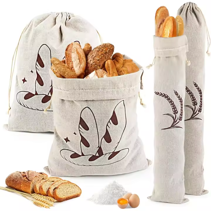 4 bolsas de pan de Lino, Bolsa de pan para guarde pan con Cordón, Bolsa de Tela Para Pan, baguette, Frutas, verduras - 1