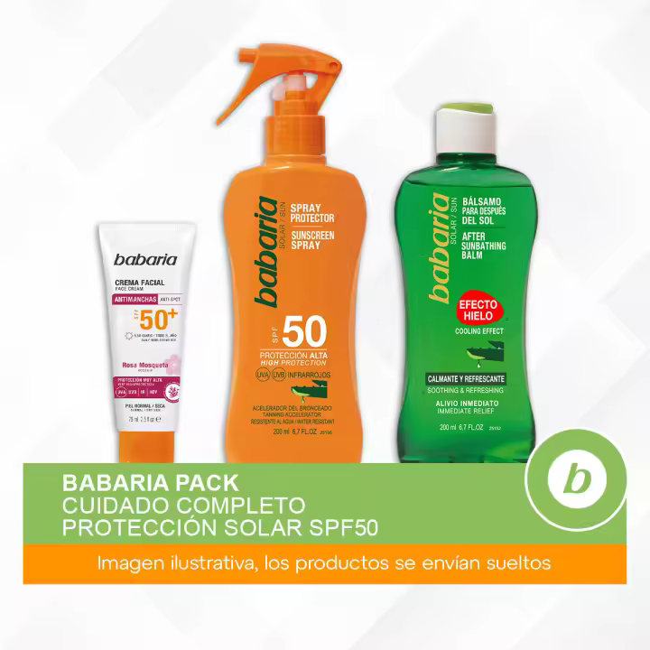 Babaria Pack Cuidado Completo Protección Solar SPF50: Crema Facial Antimanchas, Spray Protector Solar y Bálsamo After Sun Efecto Hielo para Hidratación, Protección y Frescura - 1