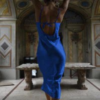 Vestido De Seda Con Sección Cruzada De Color Sólido Para Mujer Vestido De Caudal Con Punta De Sirena De Verano Ajustado Y Sexy - details 1