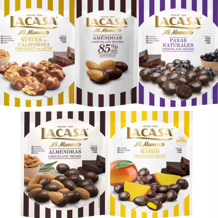 Lacasa Mi Momento pack de 5:Almendra 85% 65G,Nueces Leche 115G,Pasas choco Negro 150G,Almendra choco Negro 125G,Mango choco Negro 115G - 1
