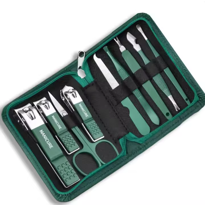Set De Manicura Profesional Verde Con 9 Piezas Y Estuche De Cuero Herramientas Para Cuidado Del Pies Y Cara Corte De Acero Inoxidable Regalo - 1