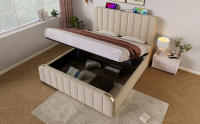 Cama tapizada Cabecero tapizado Doble con Rayas Decorativas Doradas y Carga USB Type-C 160*200 cm, material Linen beige Cama hidráulica de camping, capacidad de carga 200 kg (sin colchón). - details 1