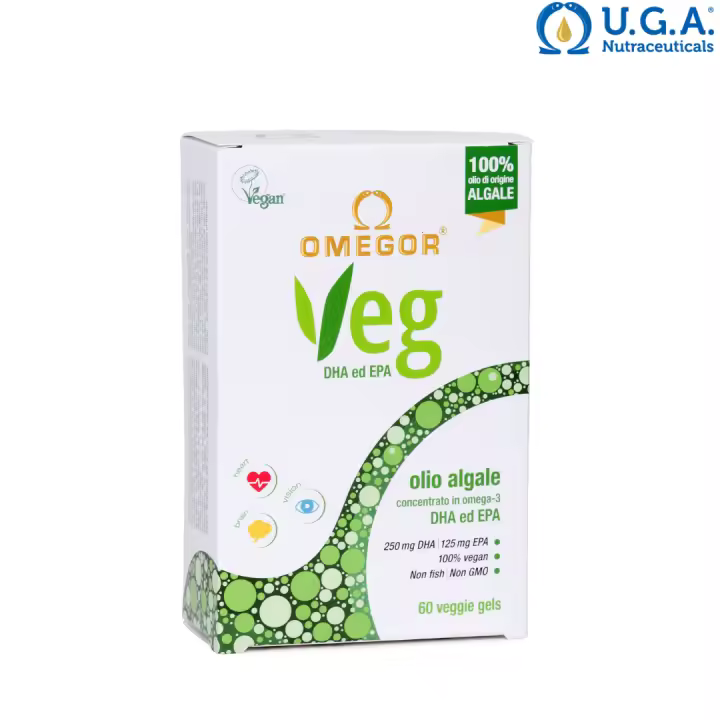 Omegor Veg-Omega-3 Vegan (60 Cápsulas)-Omega-3 Derivado de Aceite de Algas, enriquecido con Vitamina E-250 mg de DHA y 125 mg de EPA por Cápsula-Certificado por IFOS y La Vegan Society - 1